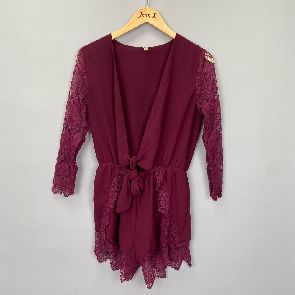 ICON Maroon Red Open Back Tie Lace Romper Size M/L